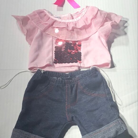 Build-A-Bear Set Ruffle Sleeve Top Sequin Embellishment Bedazzled Jeans Pink OS - Picture 4 of 6